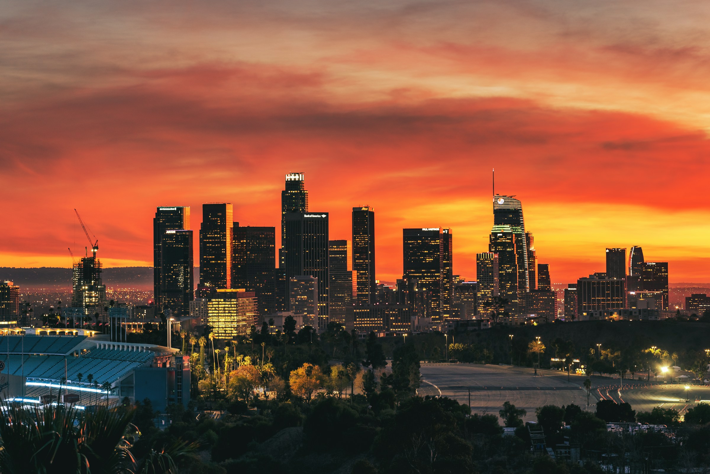 The Los Angeles skyline at sunset